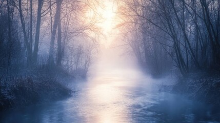 Fototapeta premium Misty river flowing through a tranquil forest.