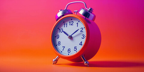 Vintage orange alarm clock on orange background with copy space. Retro time, antique clock with details. Classic design, decoration, reminder, display. Analog clock. 