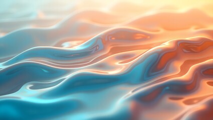 Abstract Smooth Waves of Glossy Material in Blue and Peach Light