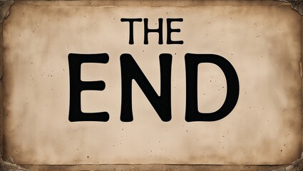 Classic typewriter style “The End” lettering centered on textured yellowed paper background with old film noir vibe and soft paper grain effect, flat design ideal for vintage film projects.

