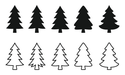 Obraz premium Vector Pine Tree Silhouette and Outline Illustration – Evergreen Tree Design