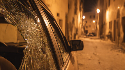 Damaged car with shattered windshield and scratched paint parked on a quiet street, depicting vehicle accident aftermath and insurance claim scenarios.
