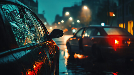 Damaged car with shattered windshield and scratched paint parked on a quiet street, depicting vehicle accident aftermath and insurance claim scenarios.
