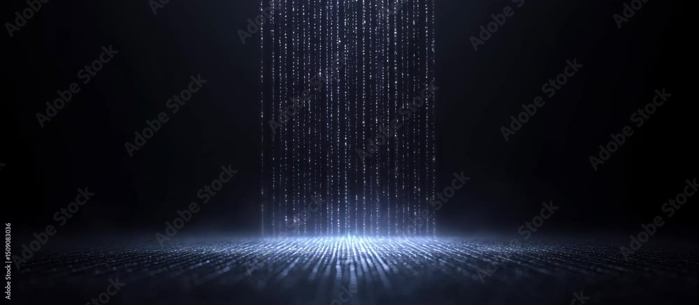 Poster mystical digital rainfall transforming into luminescent ground in futuristic display