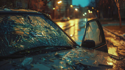 Damaged car with shattered windshield and scratched paint parked on a quiet street, depicting vehicle accident aftermath and insurance claim scenarios.

