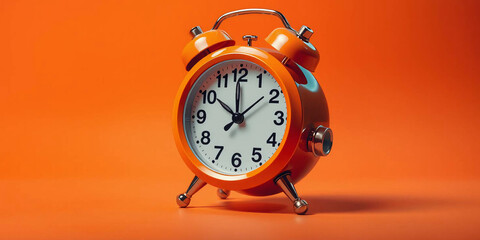 Vintage orange alarm clock on orange background with copy space. Retro time, antique clock with details. Classic design, decoration, reminder, display. Analog clock. 