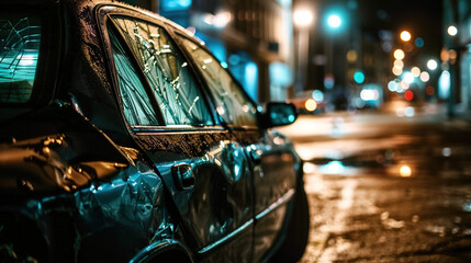 Damaged car with shattered windshield and scratched paint parked on a quiet street, depicting vehicle accident aftermath and insurance claim scenarios.
