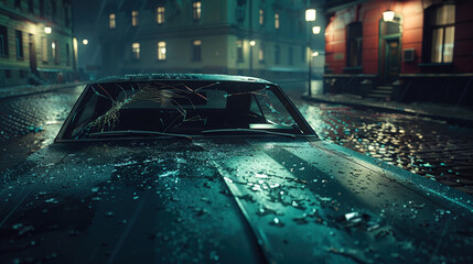 Damaged car with shattered windshield and scratched paint parked on a quiet street, depicting vehicle accident aftermath and insurance claim scenarios.
