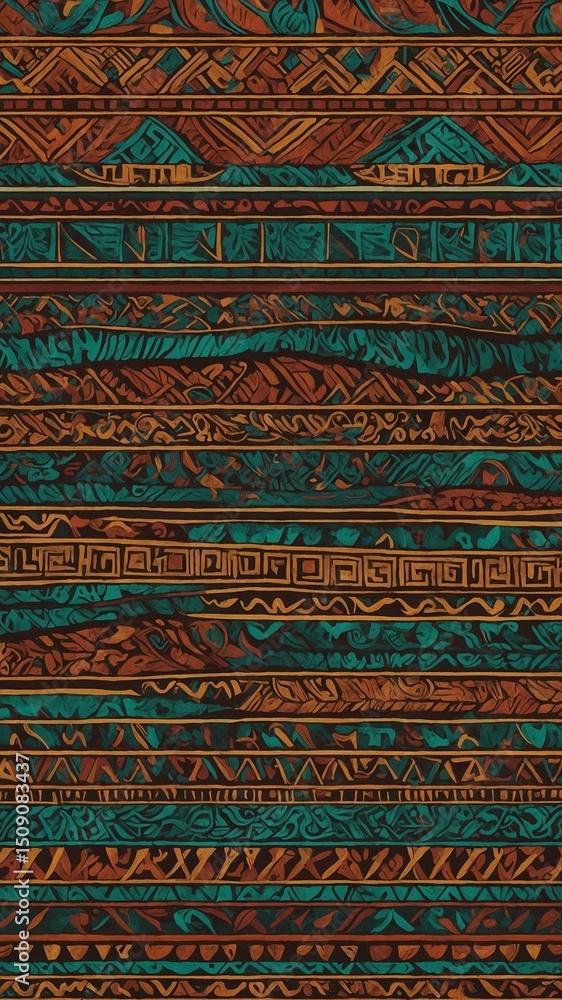 Poster complex pattern consisting of multiple horizontal bands filled with intricate designs. each band fea