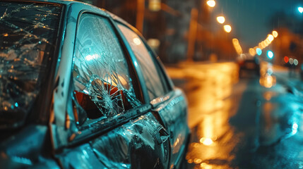 Damaged car with shattered windshield and scratched paint parked on a quiet street, depicting vehicle accident aftermath and insurance claim scenarios.
