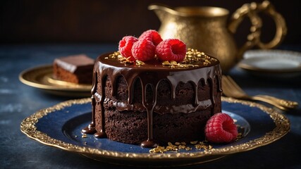 Decadent chocolate cake with glossy chocolate ganache topping sits on ornate blue plate, garnished with fresh raspberries, edible gold leaf flakes. Background features dark.