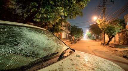 Damaged car with shattered windshield and scratched paint parked on a quiet street, depicting vehicle accident aftermath and insurance claim scenarios.

