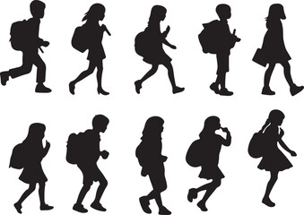 Silhouette of School Children Walking with Backpacks Vector Illustration Clip Art