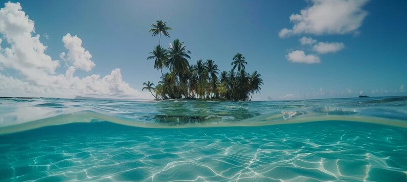 Secluded tropical island featuring lush palm trees and pristine crystal clear waters - Powered by Adobe