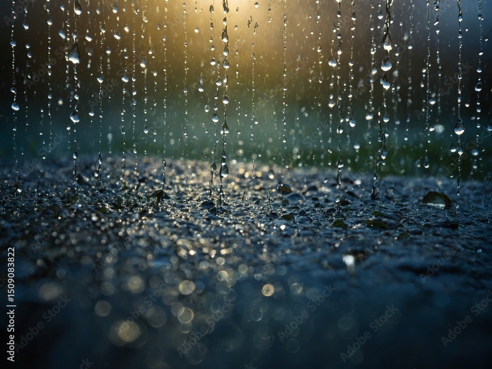 Poster raindrops fall, creating ripples on wet surface. sunlight illuminates each droplet, suspended in tim