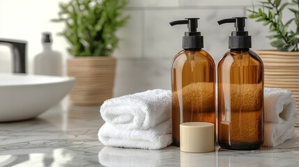 Amber bottles, white towels, and soap on a marble countertop in a bathroom