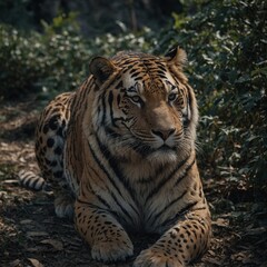 Obraz premium Majestic bengal tiger rests amidst lush foliage, its striped coat dappled by sunlight filtering through leaves. Intense gaze of this powerful creature engages viewer, revealing its natural camouflage.