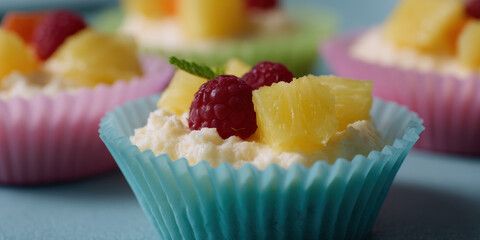 Miniature vegan cheesecakes in colorful cups with fruit toppings