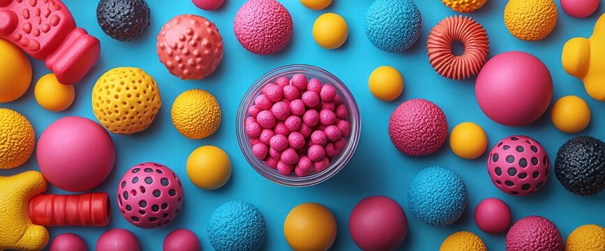 Colorful textured objects arranged on a vibrant blue background