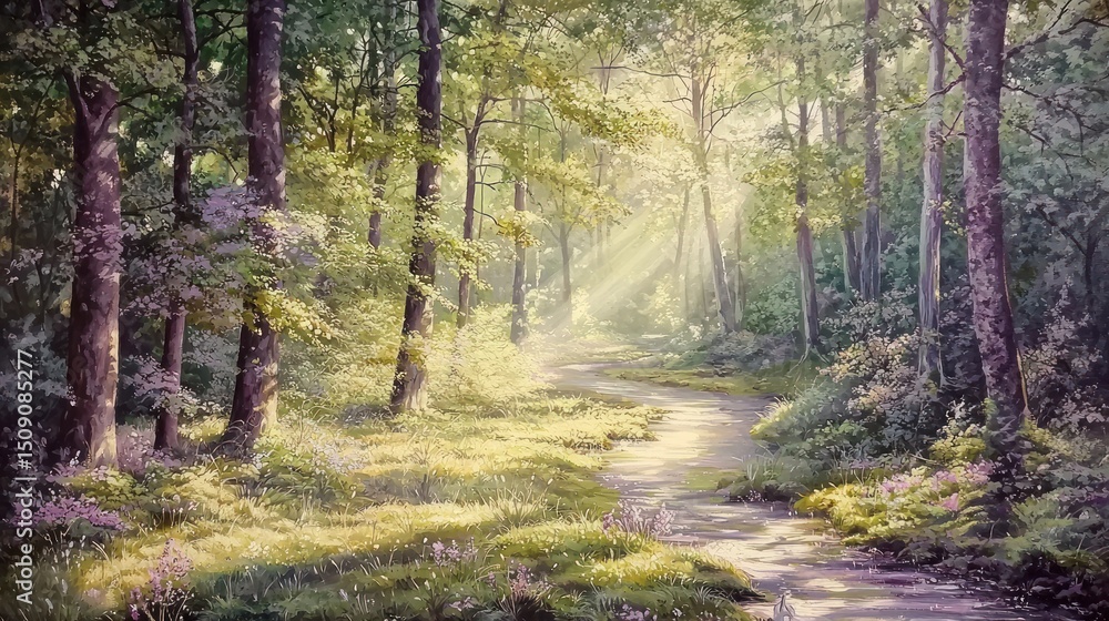 Poster sunlight streams through a tranquil forest path.