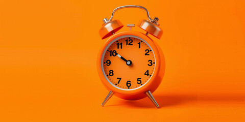 Vintage orange alarm clock on orange background with copy space. Retro time, antique clock with details. Classic design, decoration, reminder, display. Analog clock. 