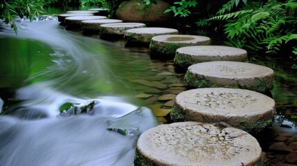 Tranquil river winding through a peaceful forest adorned with charming stepping stones