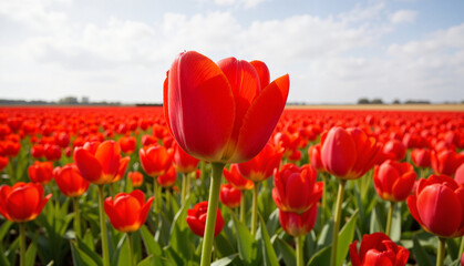 Obraz premium Red tulips blooming in a vibrant field under a blue sky 