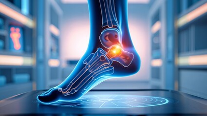 High-tech 3D holographic foot scan with glowing digital grid and medical diagnostic interface in a clinical setting.

