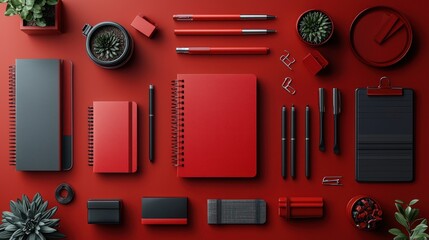 Flat lay of red and black stationery, potted succulents, and office supplies