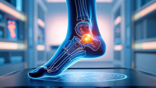 High-tech 3D holographic foot scan with glowing digital grid and medical diagnostic interface in a clinical setting.

