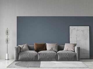 Mock up of an ideal spacious living room with a large comfortable sofa and a stylish modern background, 3D rendering.