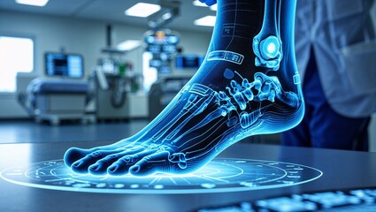 Futuristic hologram displaying a precise 3D scan of a human foot for medical analysis and digital health assessment.

