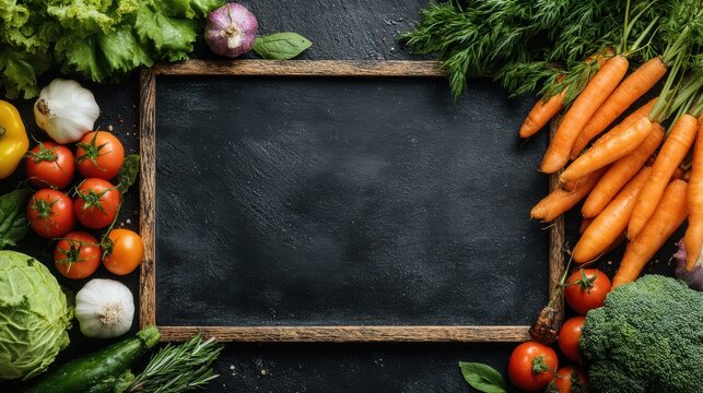 Vibrant array of fresh vegetables like carrots, tomatoes, lettuce, and broccoli surrounds a blank chalkboard. This setup invites culinary creativity and recipe sharing