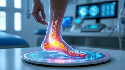 Detailed close-up of a 3D holographic foot scan showcasing advanced medical imaging technology and futuristic healthcare diagnostics.

