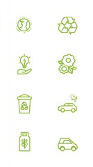 A set of icons representing eco-friendly practices, such as a circular product plastic bag 