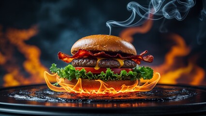 Extreme close-up of a mouth-watering burger surrounded by swirling smoke and blazing fire on a polished black background


