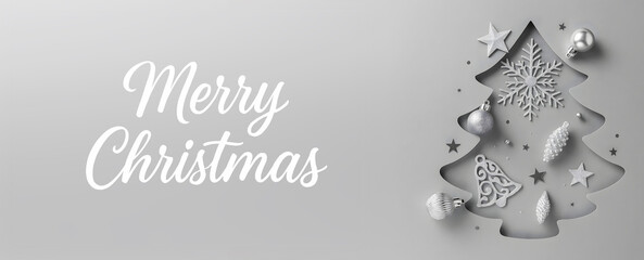 white merry christmas text paired with silver decorations shaped like tree cutout on gray background including snowflake baubles stars and bell concept of clean holiday greeting and luxury seasonal 