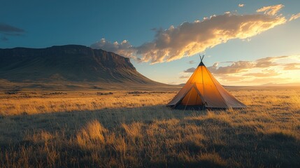 Sunrise over a tipi in a golden field, mountain backdrop