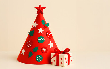 red cone shaped christmas tree decorated with stars holly and baubles beside polka dot gift box with ribbon on beige background, concept of holiday decoration, festive packaging