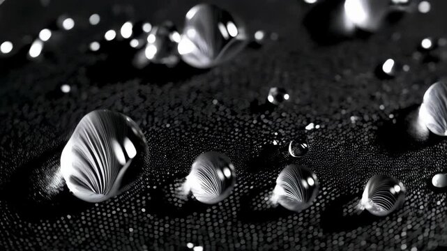 Water droplets gather on a textured, dark grey, waterproof fabric surface, exhibiting hydrophobic properties and surface tension, creating a visually interesting macro shot.