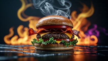Close-up of a juicy gourmet burger on a sleek black surface with dramatic flames and curling smoke creating an intense fiery atmosphere

