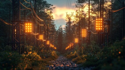 Path through a forest at sunset, illuminated by power lines and lights