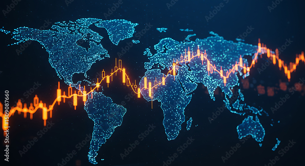 Poster digital world map financial data chart global business technology background