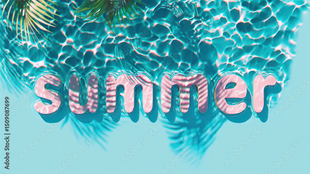 Poster bright and colorful typography design featuring word summer floating on shimmering pool surface, sur