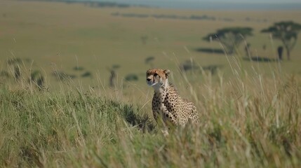 A cheetah sprinting swiftly across the expansive grasslands in a thrilling display of speed