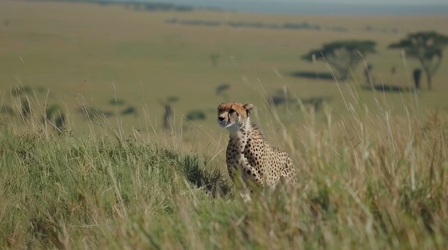 A cheetah sprinting swiftly across the expansive grasslands in a thrilling display of speed - Powered by Adobe