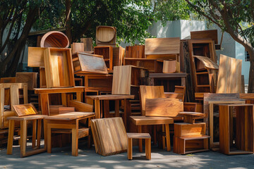 A pile of wooden furniture labeled  Made from Rainforest Wood