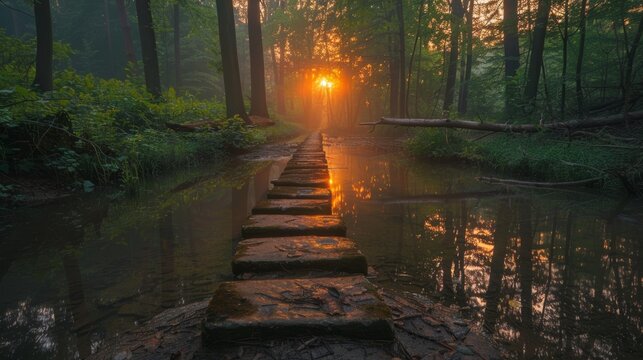 Tranquil forest river with smooth stepping stones, inviting a serene and peaceful nature experience
