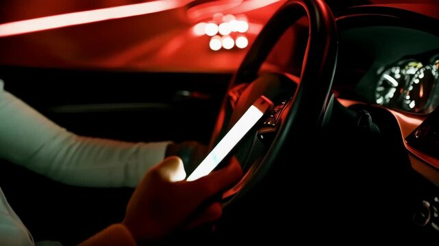Person in car using a smartphone in red light, with tunnel blur, showing danger of distracted driving and illegal activity