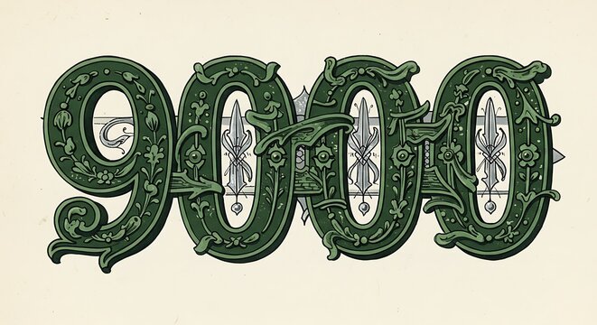 Ornate Number 9000 Green Illustration Vintage Style